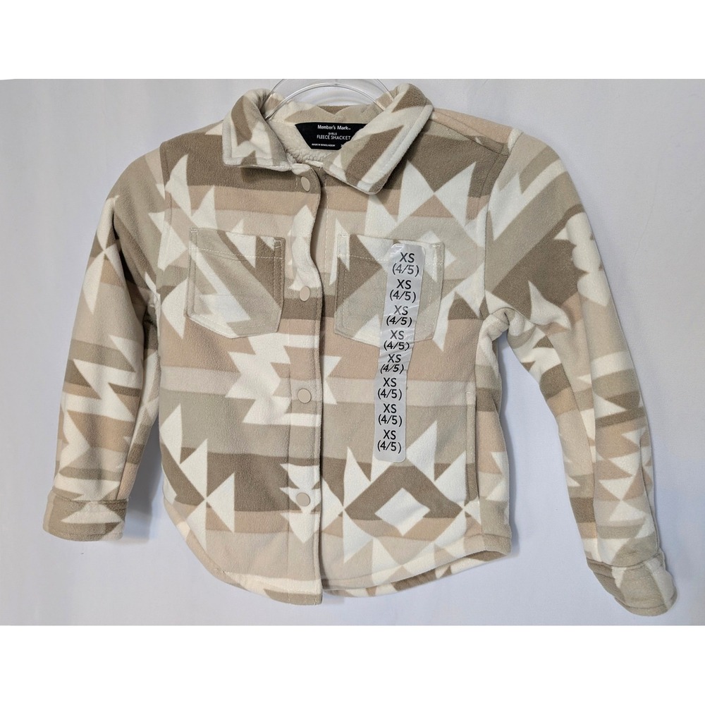 Members Mark Girls Fleece Shacket XS 4/5 Sherpa Lined Southwestern Tan Cream